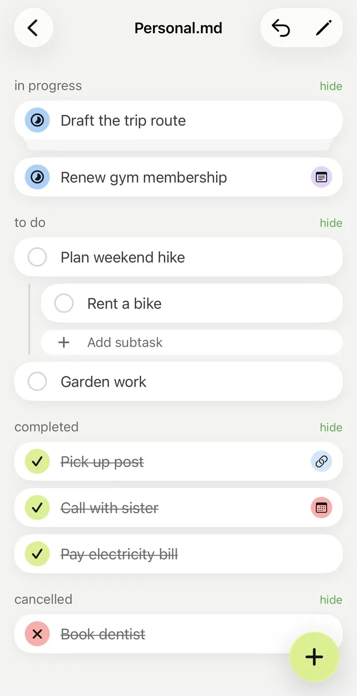 TODO.md showing open, nested, completed, and cancelled tasks in Personal.md on an iPhone