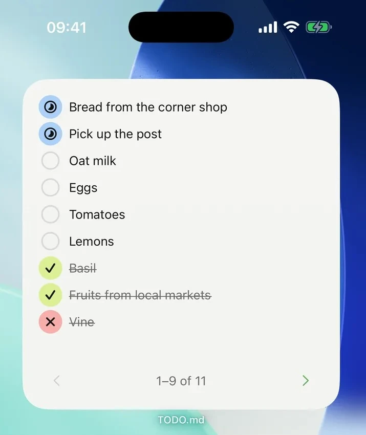 TODO.md home-screen widget showing active, open, completed, and cancelled tasks